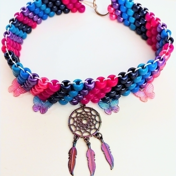 HANDMADE Iridescent Kandi Choker with Dreamcatcher and Butterfly Charms - Picture 2 of 13